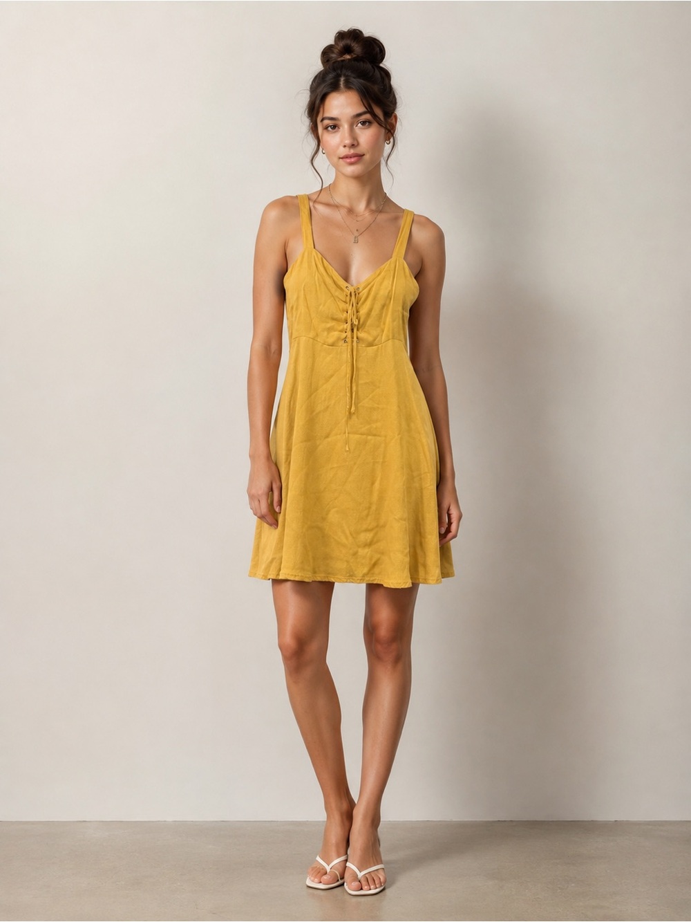 Forever 21 Mustard Yellow Lace-Up Mini Dress Size L